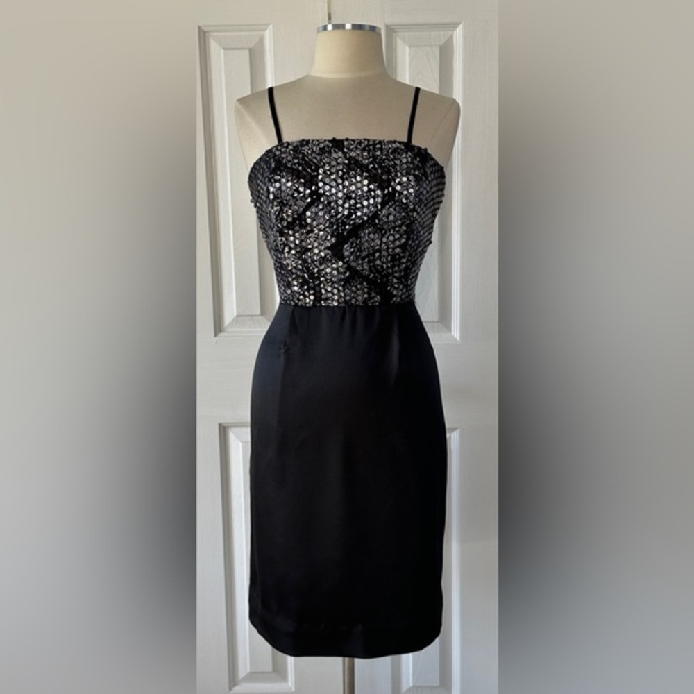 Black Sequin Bodice Satin Pencil Dress | Approx. Size 6